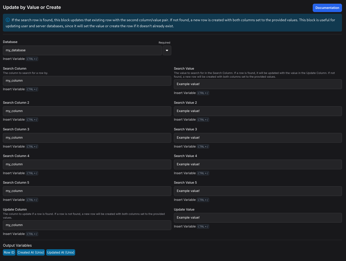 Example of Update by Value or Create Block