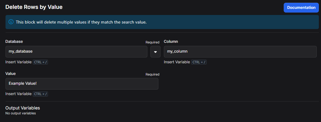 Example of Delete Rows by Value Block