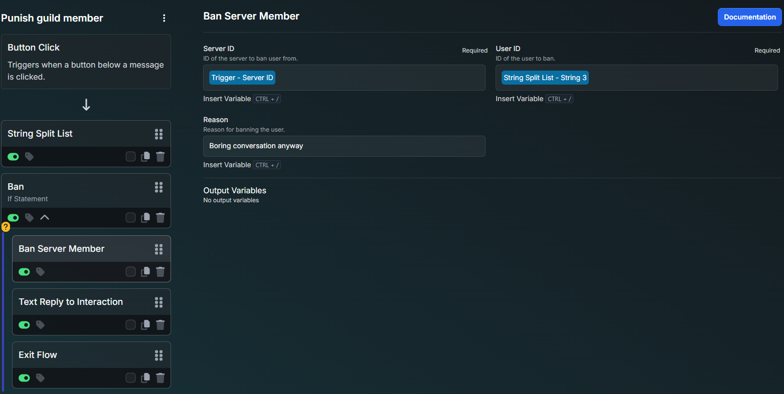 The above image shows a complete flow on how to ban a server member using the example in the Button Click Inventor Documentation page